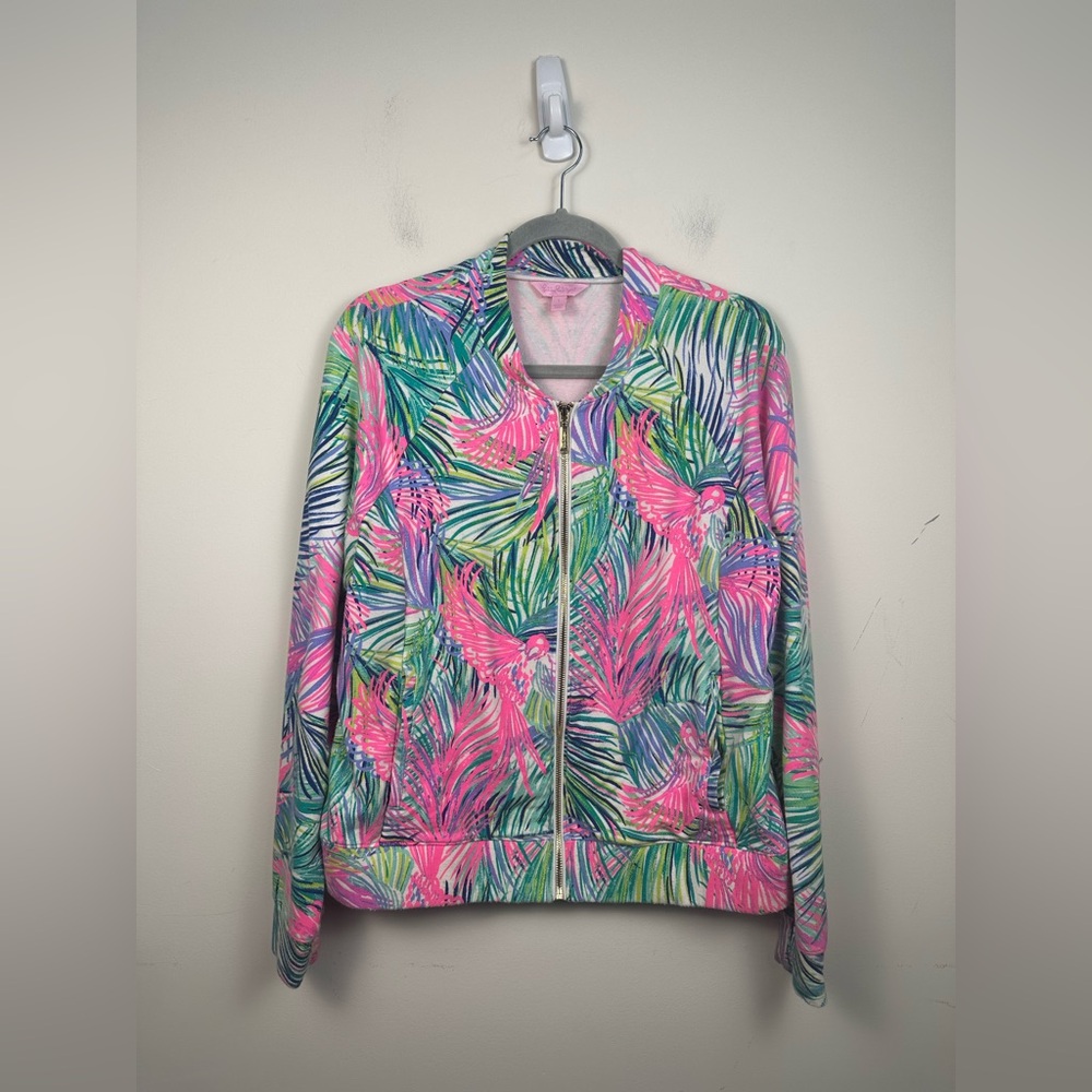 Lilly Pulitzer Joleen Bomber Jacket Women Large Pink Scarlet Macaw UPF 50+ Good